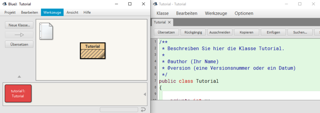 So sieht BlueJ mit Java aus, wenn es geöffnet ist. Links: Das "Hauptmenü", rechts der Quelltexteditor. Dazu später mehr.